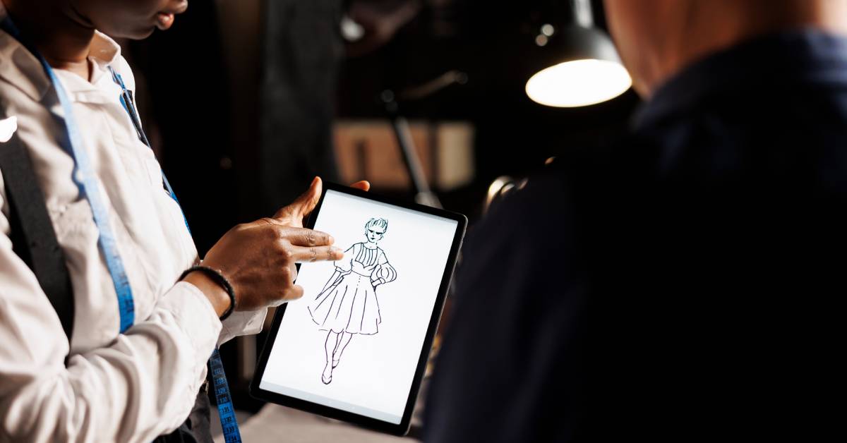 A skilled fashion designer points to specific areas of a wedding gown design sketch on a digital tablet to a client.
